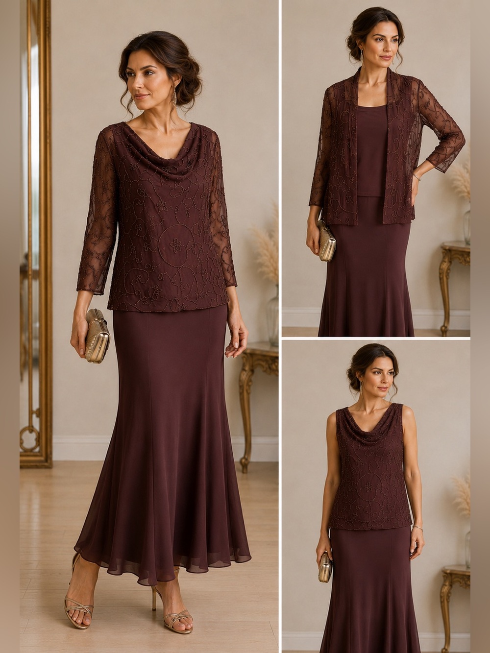 Elegant Brownish Burgundy  beaded 4 peice ensemble Women's dress